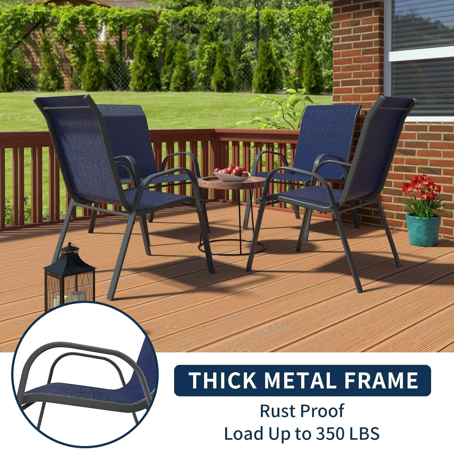 Amopatio Patio Chairs Set of 4, Outdoor Stackable Dining Chairs for All Weather, Comfortable Breathable Garden Outdoor Furniture for Backyard Deck, Blue