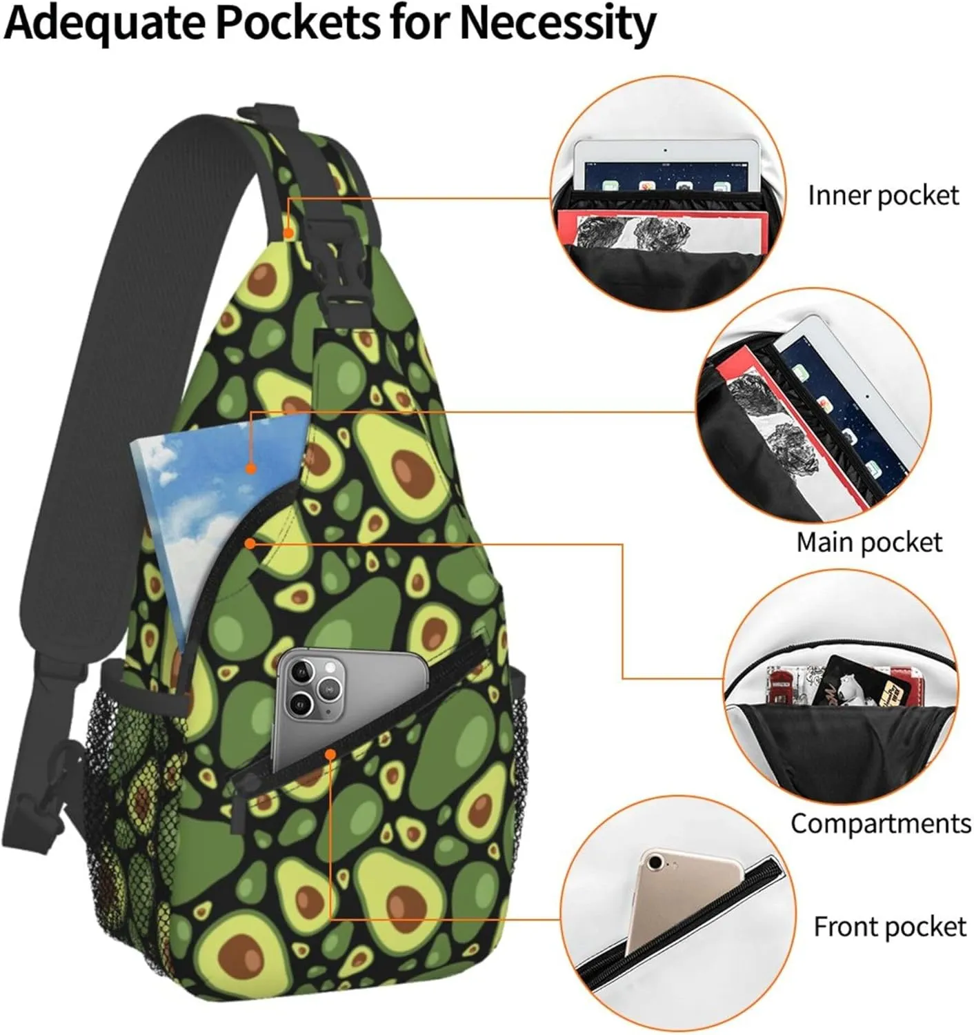 AMRANDOM Chest Daypack Crossbody Sling Bag Men Women Avocado Pattern Casual Shoulder Backpack