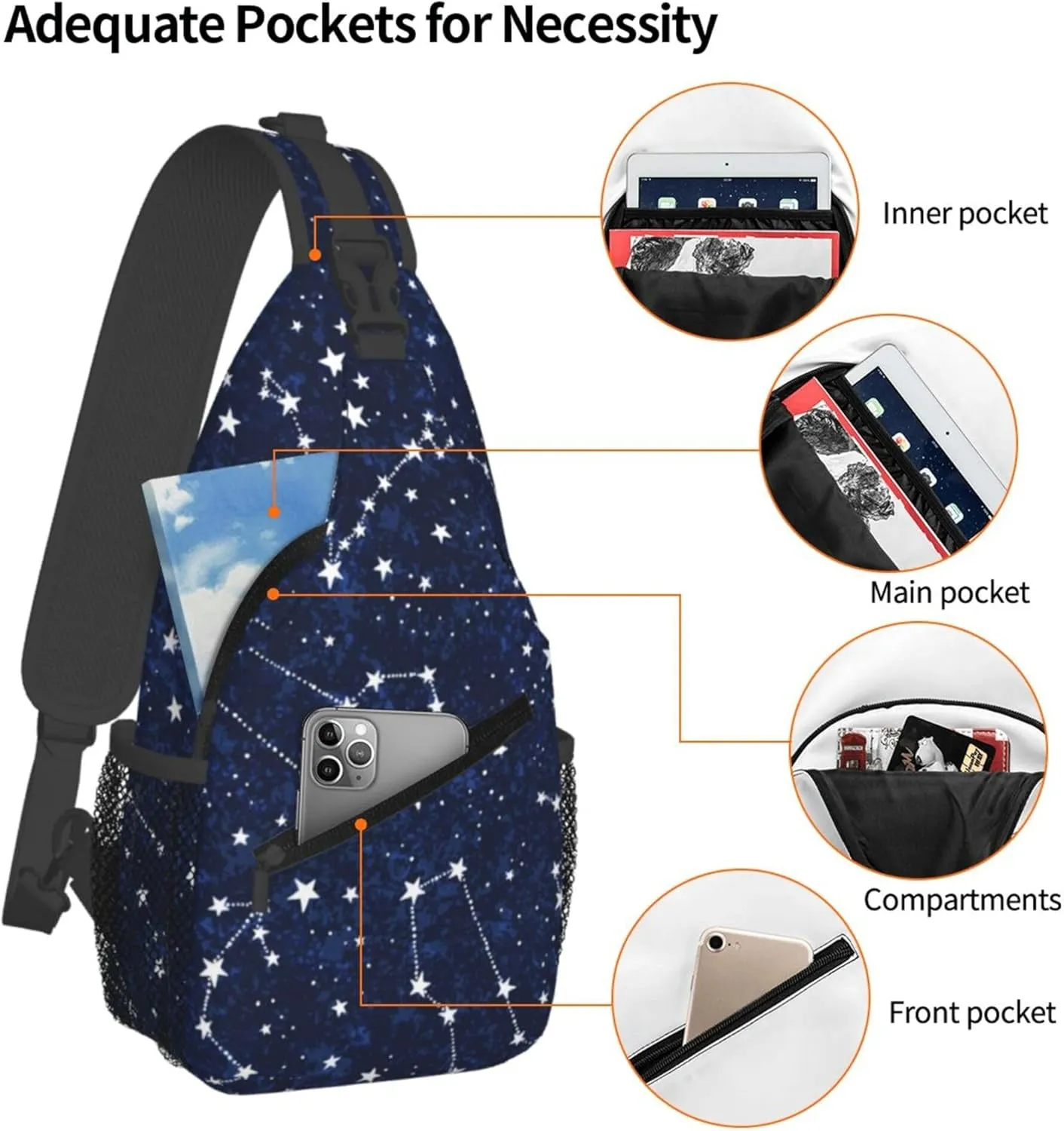 AMRANDOM constellation galaxy starry night stars Glow In The Dark Midnight Sling Bag Crossbody Backpack Shoulder Daypack Casual Cross Chest Bag