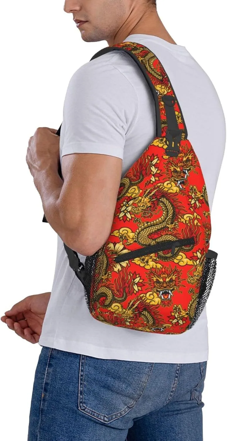 AMRANDOM red Chinese Dragons floral Sling Bag Crossbody Backpack for Men Women Sling Backpack Hiking Daypack Multipurpose Cross Body Chest Bag