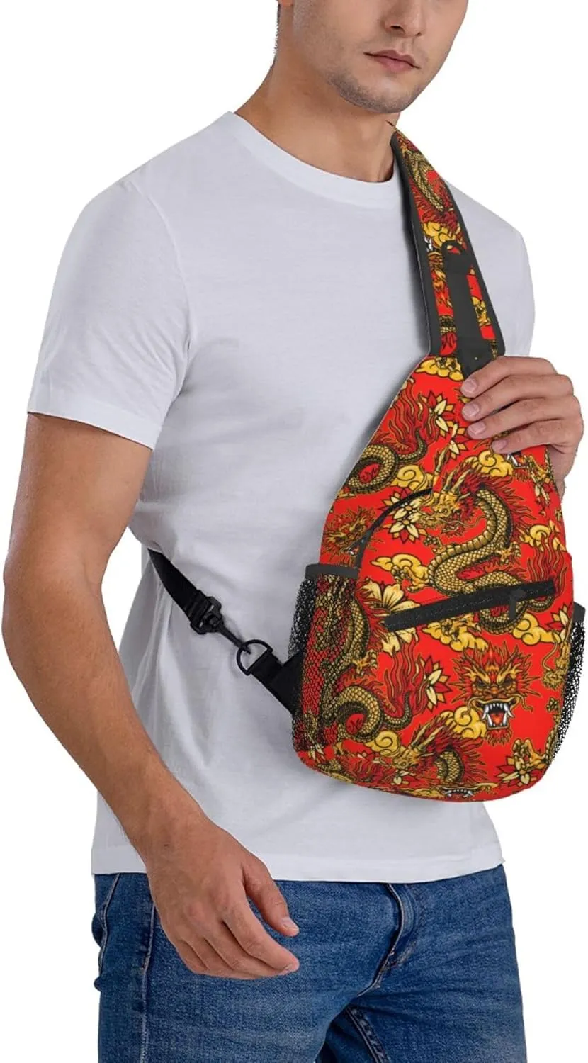 AMRANDOM red Chinese Dragons floral Sling Bag Crossbody Backpack for Men Women Sling Backpack Hiking Daypack Multipurpose Cross Body Chest Bag