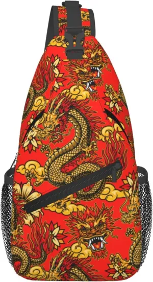 AMRANDOM red Chinese Dragons floral Sling Bag Crossbody Backpack for Men Women Sling Backpack Hiking Daypack Multipurpose Cross Body Chest Bag