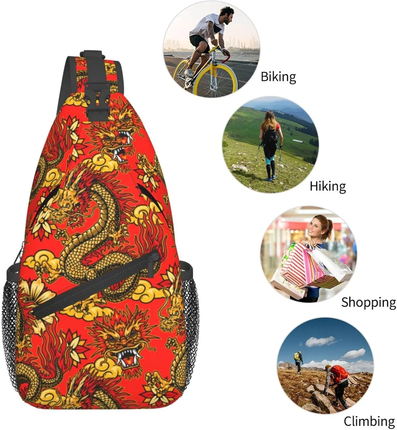 AMRANDOM red Chinese Dragons floral Sling Bag Crossbody Backpack for Men Women Sling Backpack Hiking Daypack Multipurpose Cross Body Chest Bag