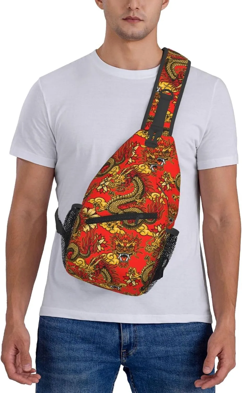 AMRANDOM red Chinese Dragons floral Sling Bag Crossbody Backpack for Men Women Sling Backpack Hiking Daypack Multipurpose Cross Body Chest Bag