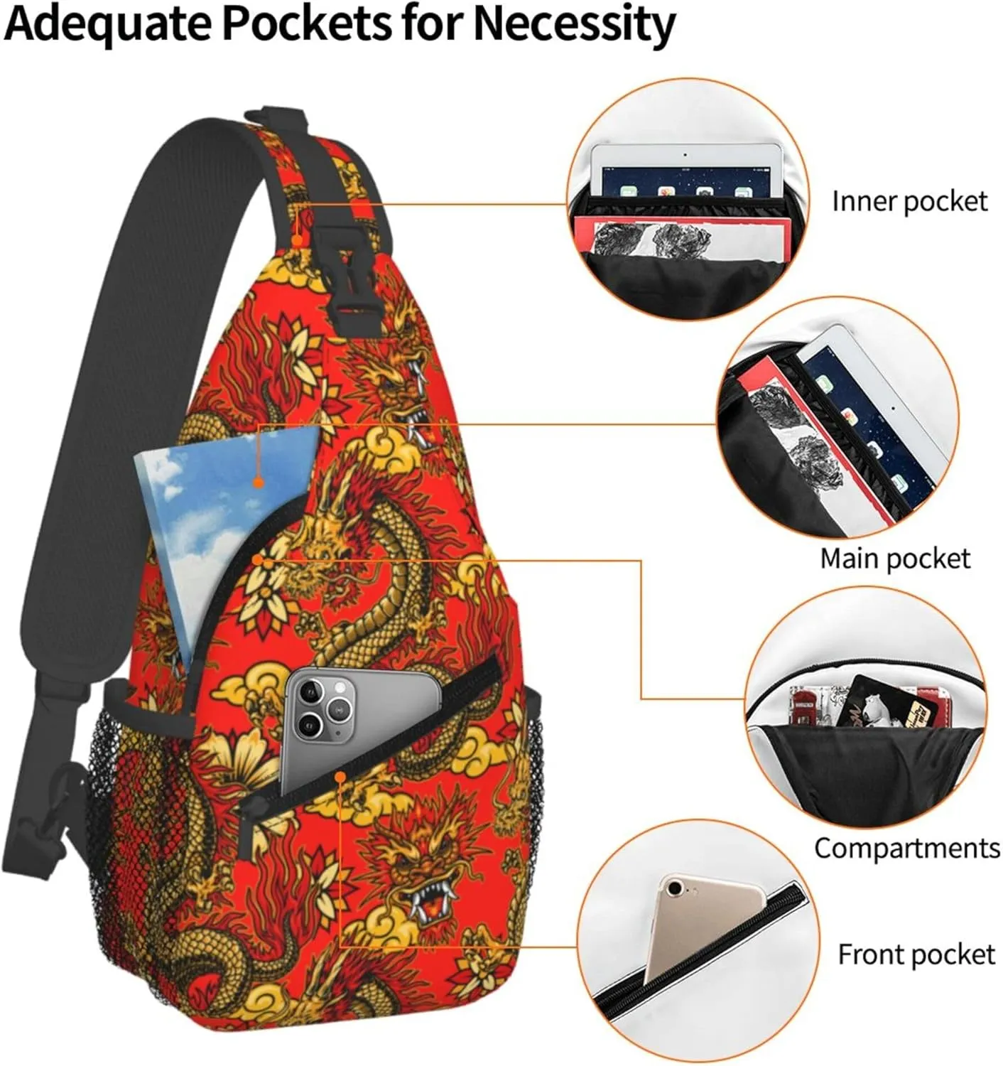 AMRANDOM red Chinese Dragons floral Sling Bag Crossbody Backpack for Men Women Sling Backpack Hiking Daypack Multipurpose Cross Body Chest Bag