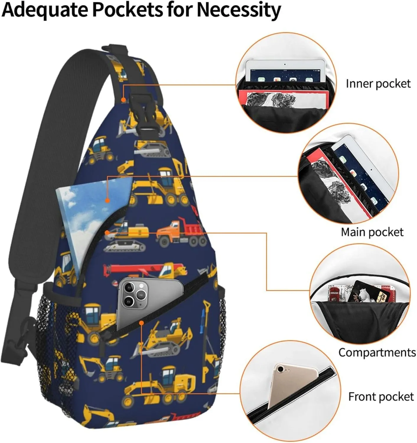 AMRANDOM Small Sling Bag Lightweight Crossbody Backpack for Men Women construction bulldozer Excavator navy blue Shoulder Bag