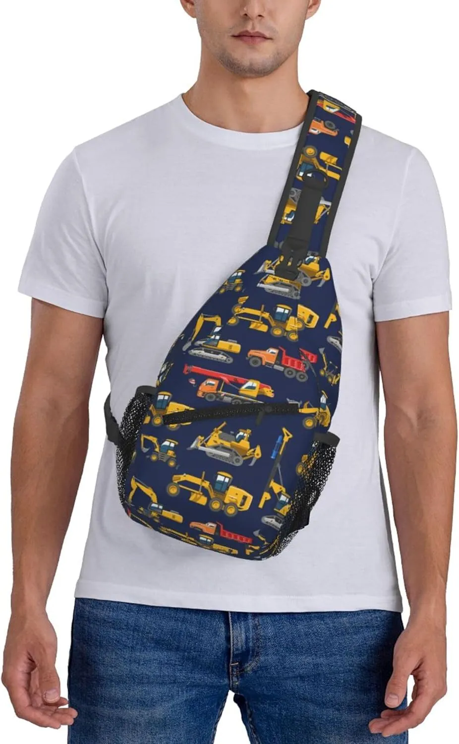AMRANDOM Small Sling Bag Lightweight Crossbody Backpack for Men Women construction bulldozer Excavator navy blue Shoulder Bag