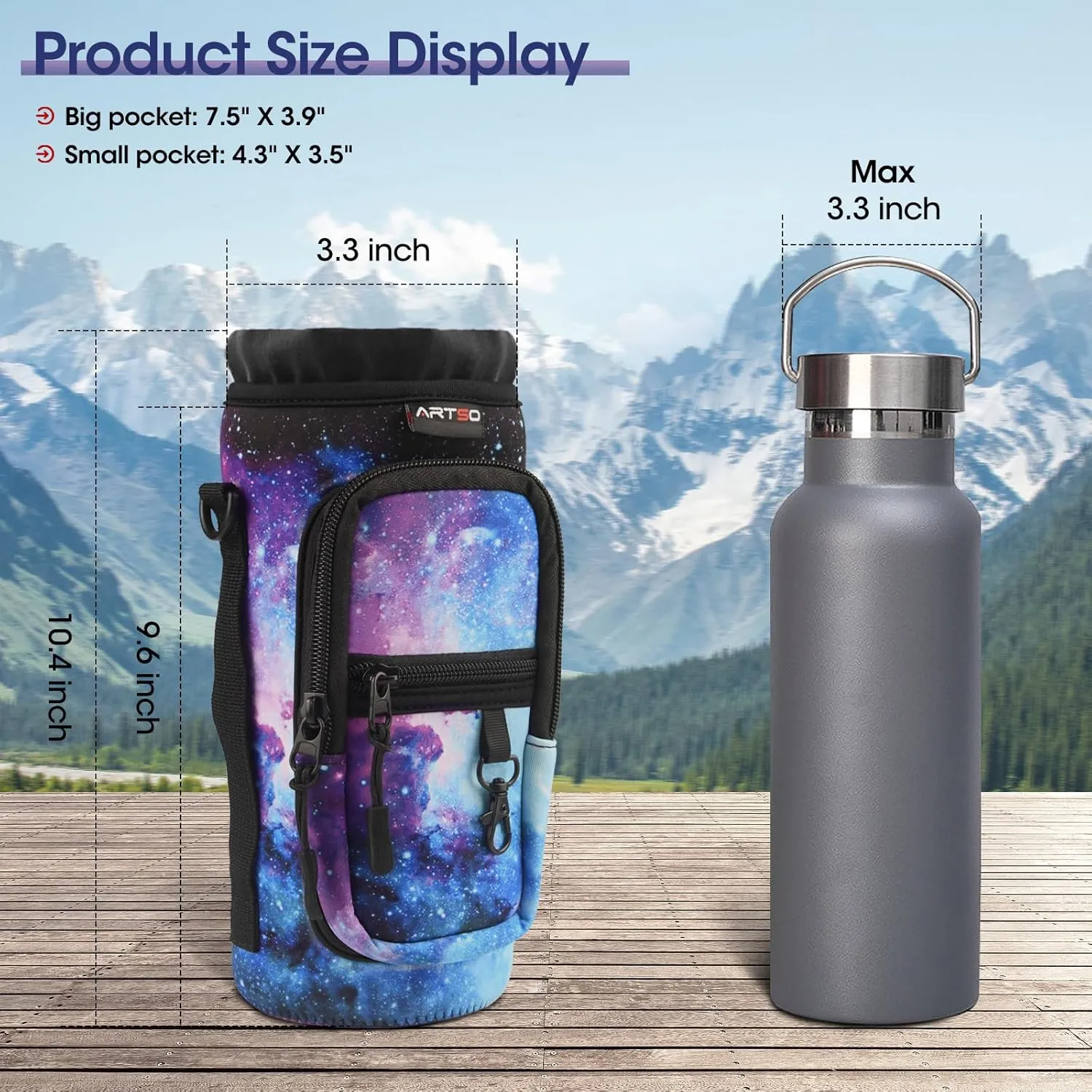 ARTSO Water Bottle Carrier Bag Sling Holder Pouch, 25oz 32oz 40oz 64oz Insulated Water Bottle Sleeve Case Cover with Adjustable Shoulder Hand Strap Pocket for Hiking Camping Travelling, Galaxy
