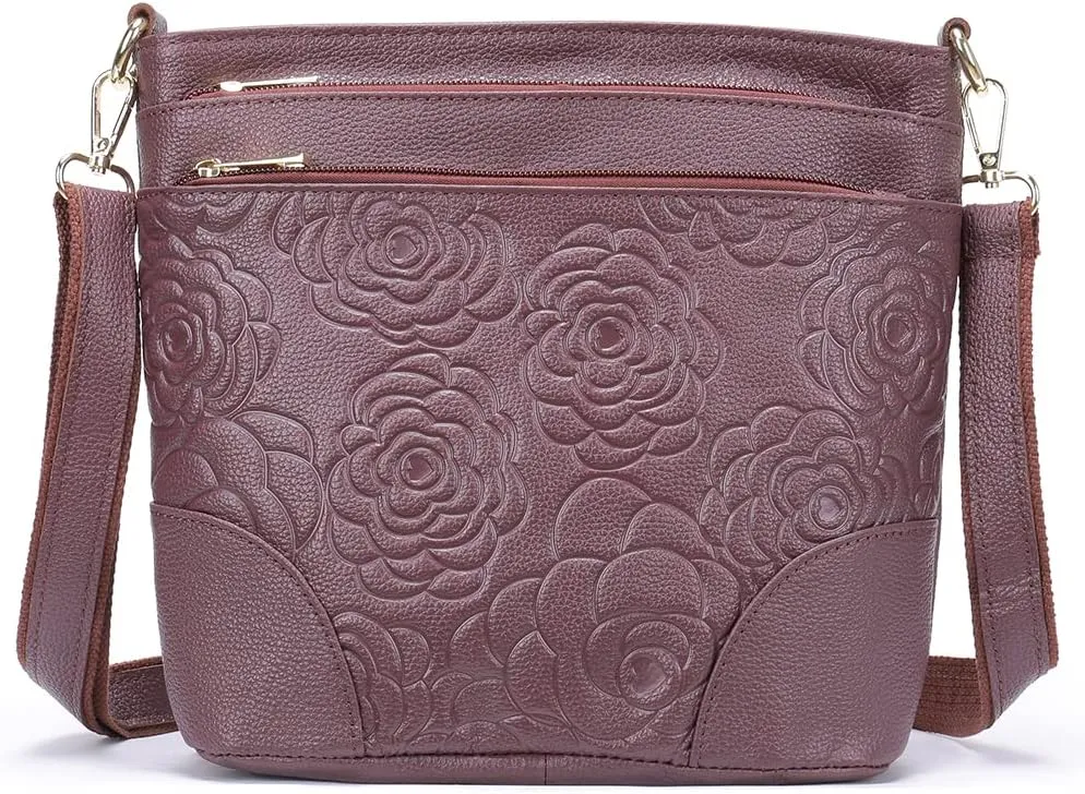 Aslana Floral-Embossed Genuine Leather Shoulder Crossbody Bag Handbag for Women