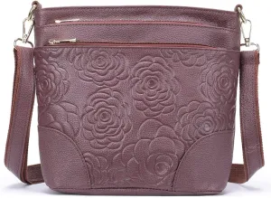 Aslana Floral-Embossed Genuine Leather Shoulder Crossbody Bag Handbag for Women
