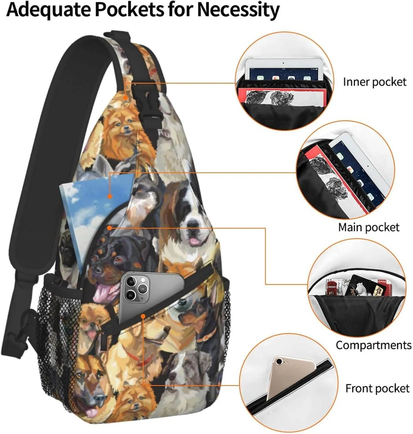 ASYG Cute Dog Sling Bag Dog Crossbody Chest Daypack Casual Backpack Women Shoulder Bag For Travel Picnic