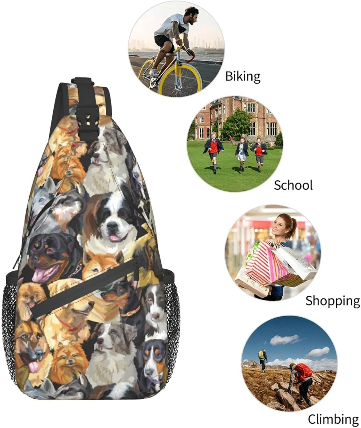 ASYG Cute Dog Sling Bag Dog Crossbody Chest Daypack Casual Backpack Women Shoulder Bag For Travel Picnic