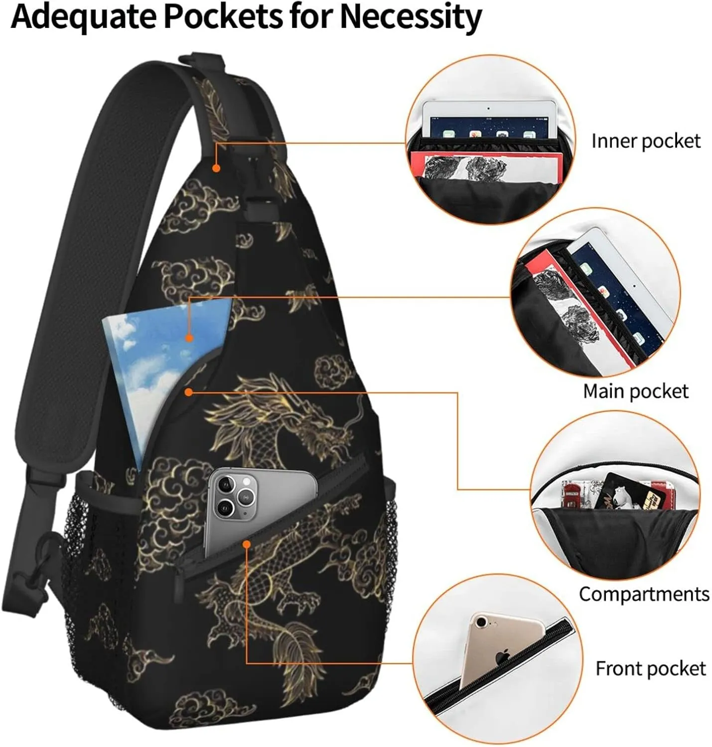 ASYG Dragon Pattern Sling Bag Crossbody Chest Daypack Casual Backpack Cool Shoulder Bag For Travel Hiking Sport Gym