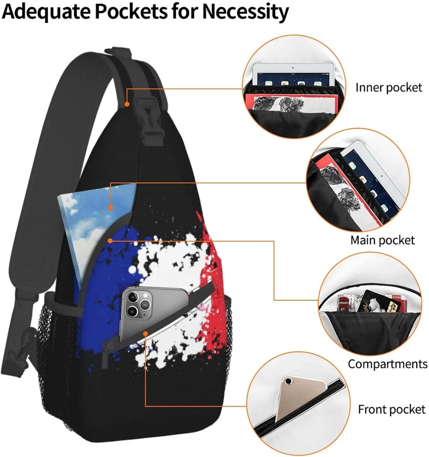 ASYG France Sling Bag France Flag Crossbody Chest Daypack Casual Backpack Shoulder Bag Hiking Bag Franch Bag