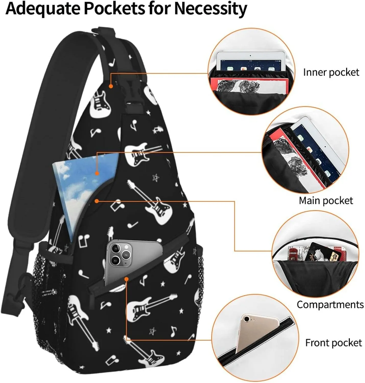 ASYG Guitar Sling Bag Music Notes Crossbody Chest Daypack Casual Backpack Music Shoulder Bag For Travel Picnic