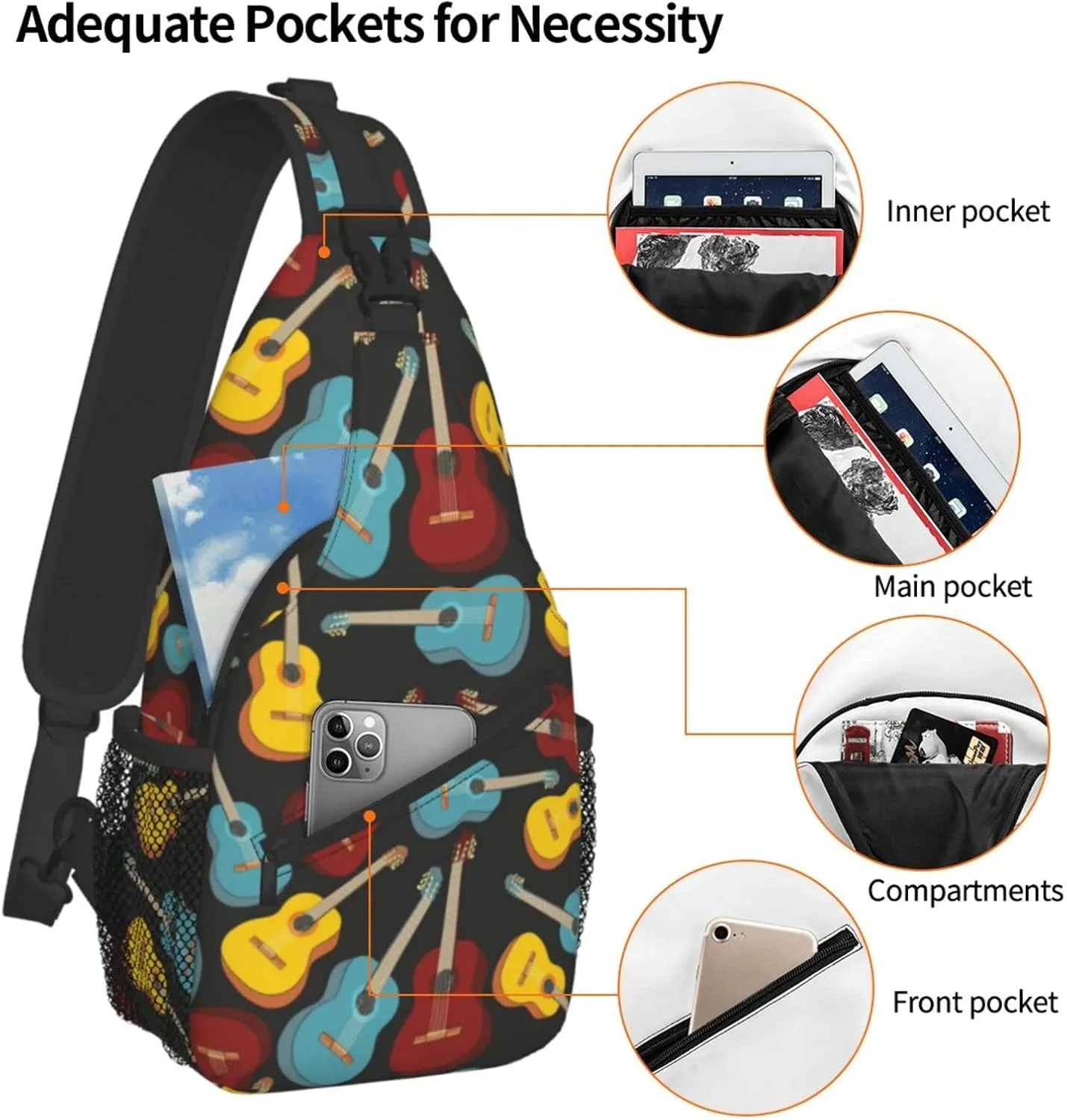 ASYG Guitar Sling Bag Music Notes Crossbody Chest Daypack Casual Backpack Music Shoulder Bag For Travel Picnic