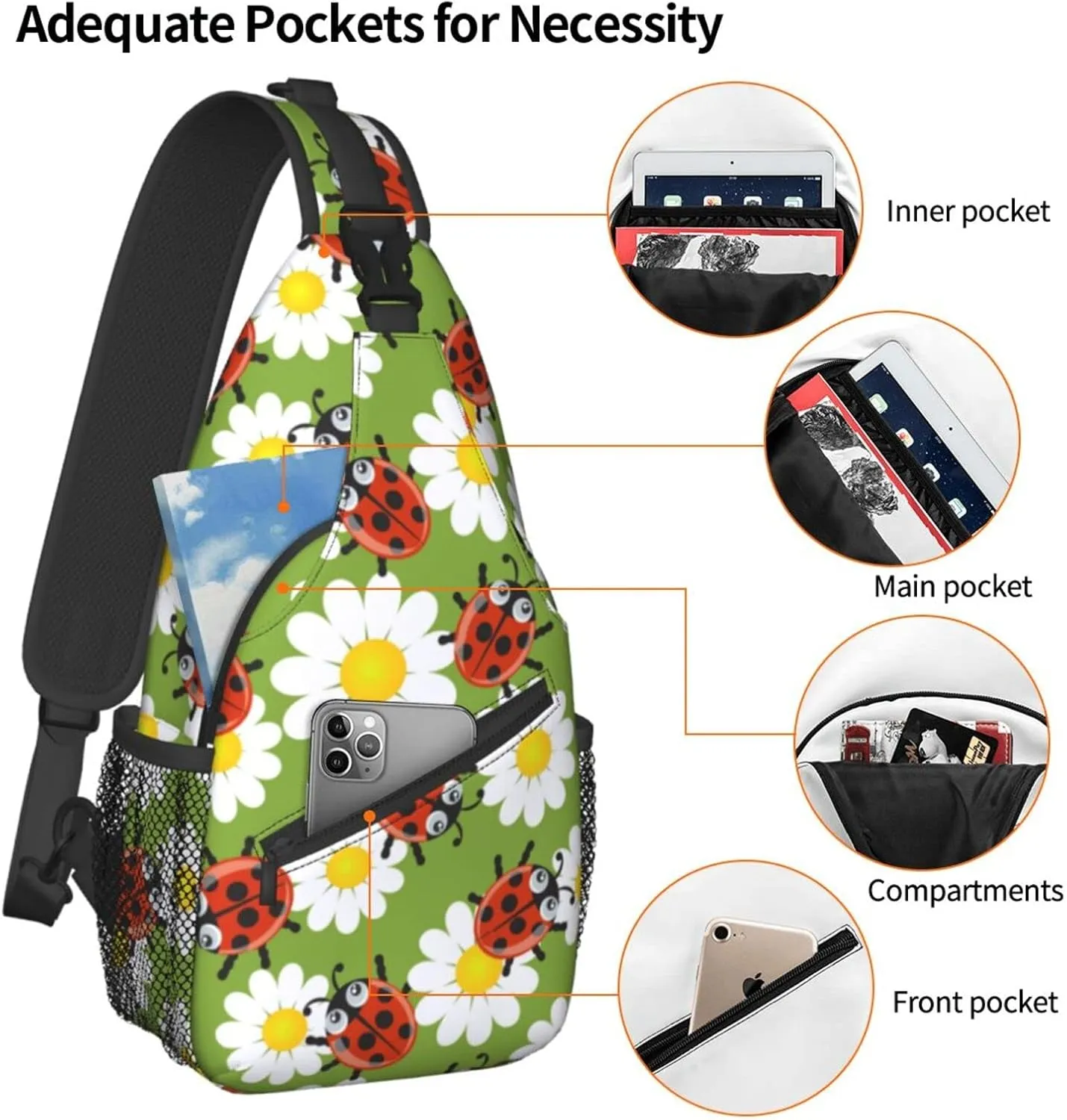 ASYG Ladybug Sling Bag Crossbody Chest Daypack Casual Backpack Cute Shoulder Bag For Travel Hiking Sport Gym
