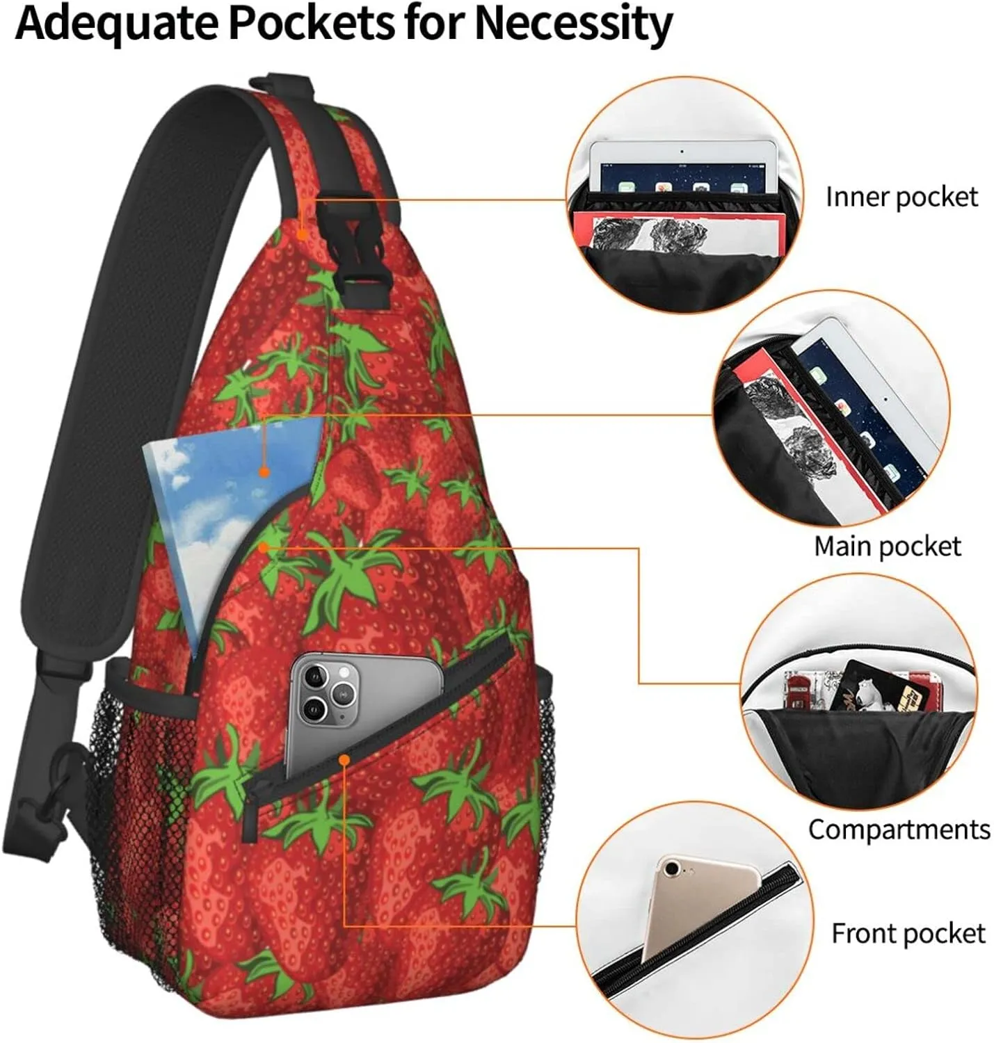 ASYG Strawberry Sling Bag Cute Crossbody Chest Daypack Casual Backpack Women Shoulder Bag For Travel Picnic