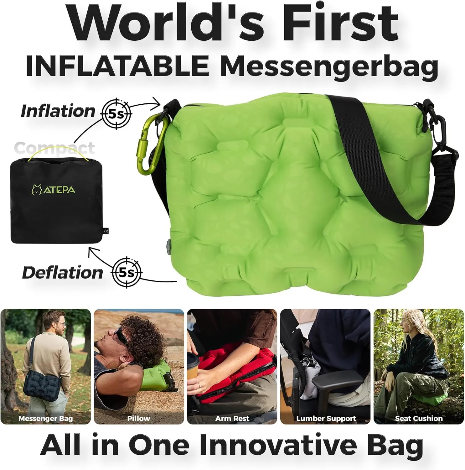 ATEPA 4-in-1 Inflatable Pillow, Ultralight Portable Inflatable Seat Cushion Neck & Lumbar Support Crossbody Bag with Zippered Protection, Convertible Strap for Travel Hiking Airplane Backpacking Beach