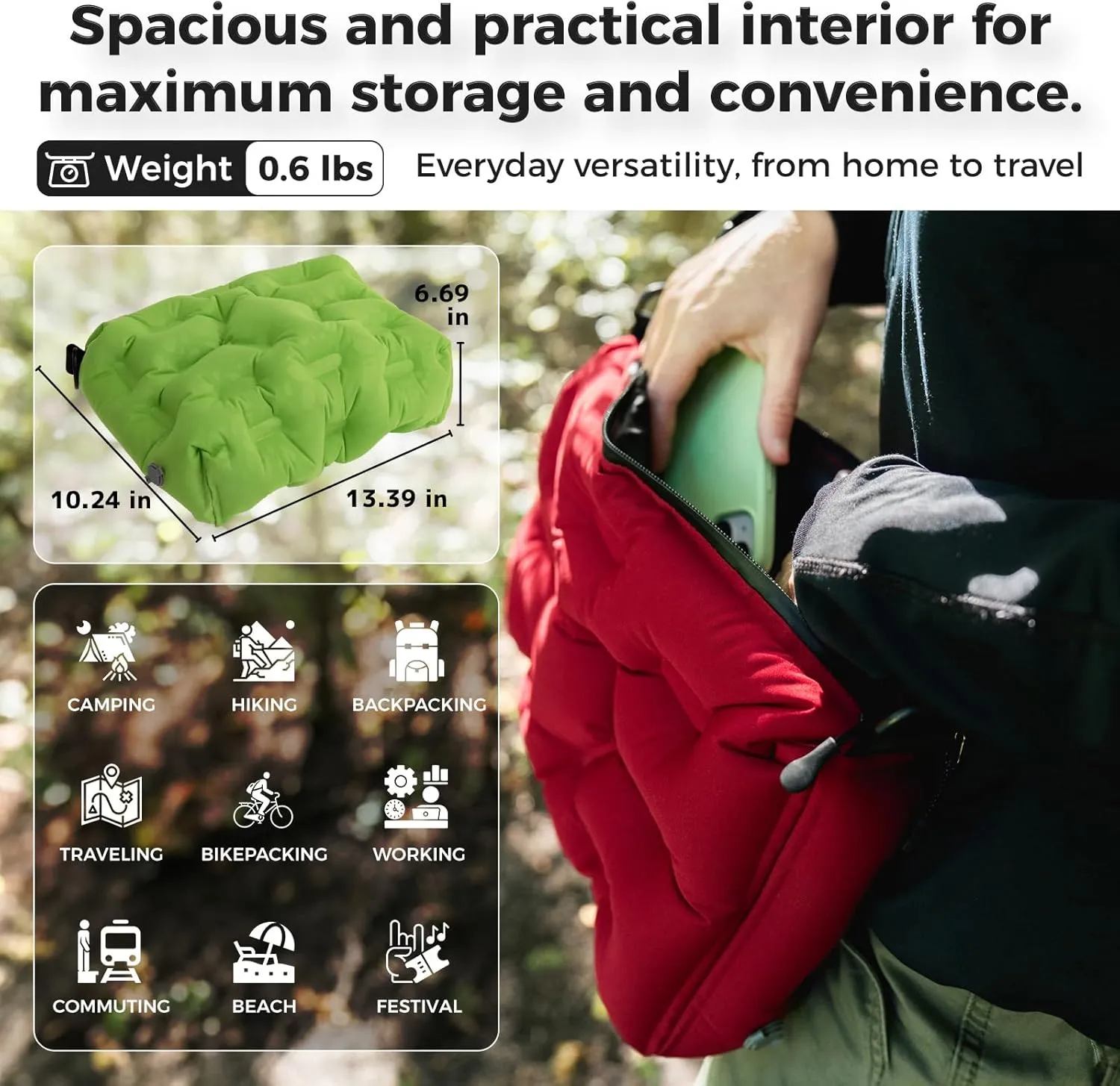 ATEPA 4-in-1 Inflatable Pillow, Ultralight Portable Inflatable Seat Cushion Neck & Lumbar Support Crossbody Bag with Zippered Protection, Convertible Strap for Travel Hiking Airplane Backpacking Beach