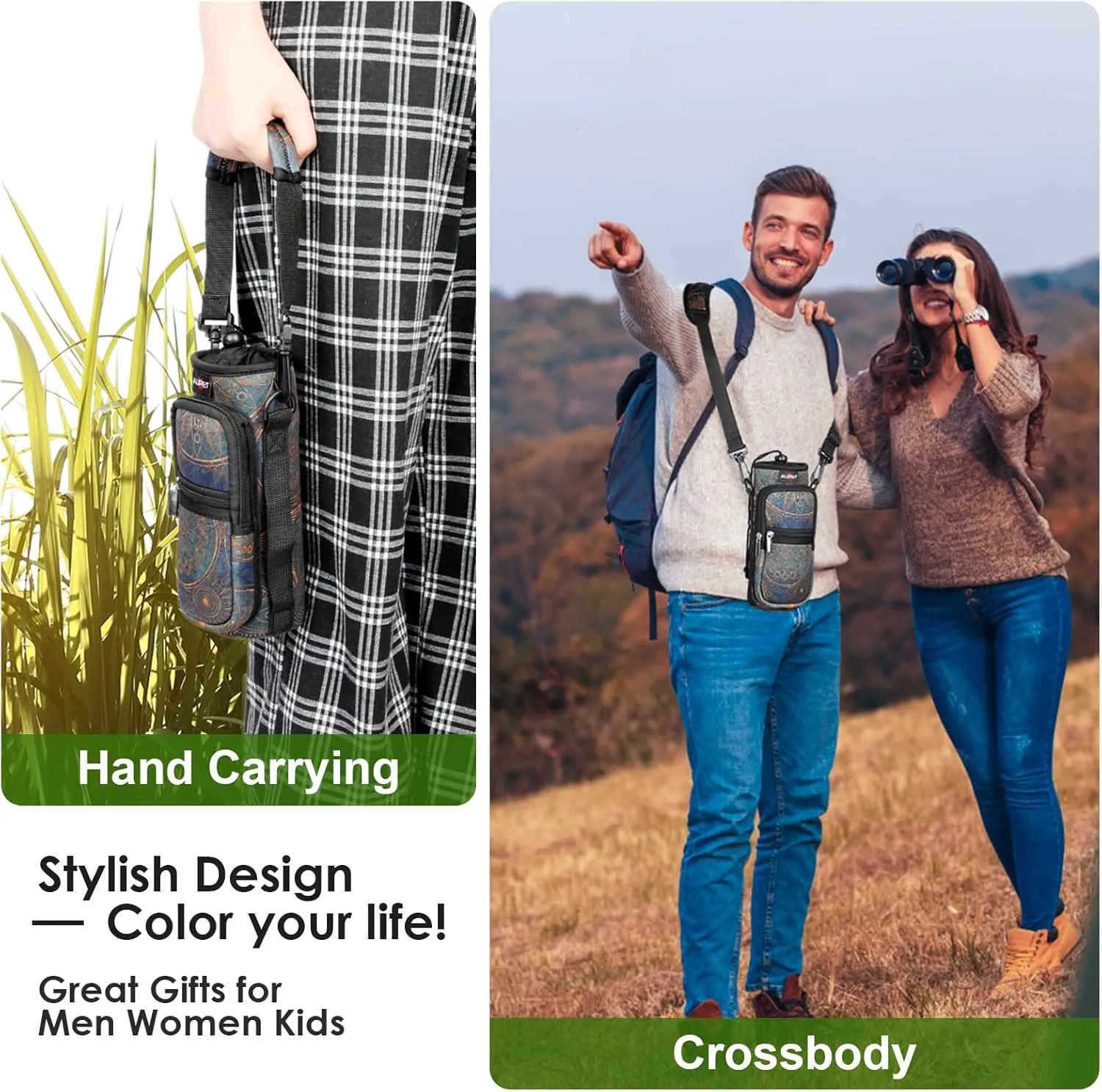 AUPET Water Bottle Sling Bag Sleeve Holder Carrier 25/32/40/64 oz,Insulated Crossbody Water Bottle Case Cover with Strap and Pockets for Men/Women Walking Hiking Camping