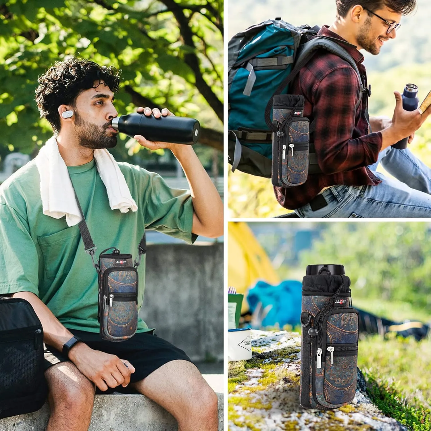 AUPET Water Bottle Sling Bag Sleeve Holder Carrier 25/32/40/64 oz,Insulated Crossbody Water Bottle Case Cover with Strap and Pockets for Men/Women Walking Hiking Camping