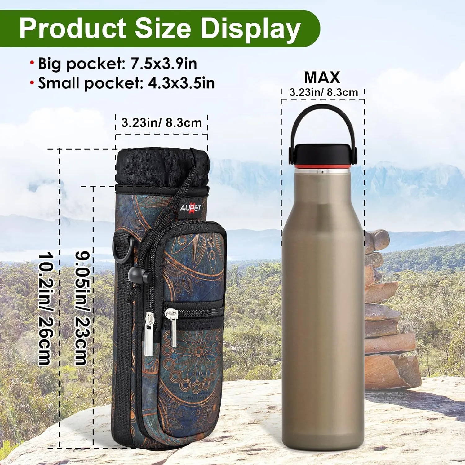 AUPET Water Bottle Sling Bag Sleeve Holder Carrier 25/32/40/64 oz,Insulated Crossbody Water Bottle Case Cover with Strap and Pockets for Men/Women Walking Hiking Camping