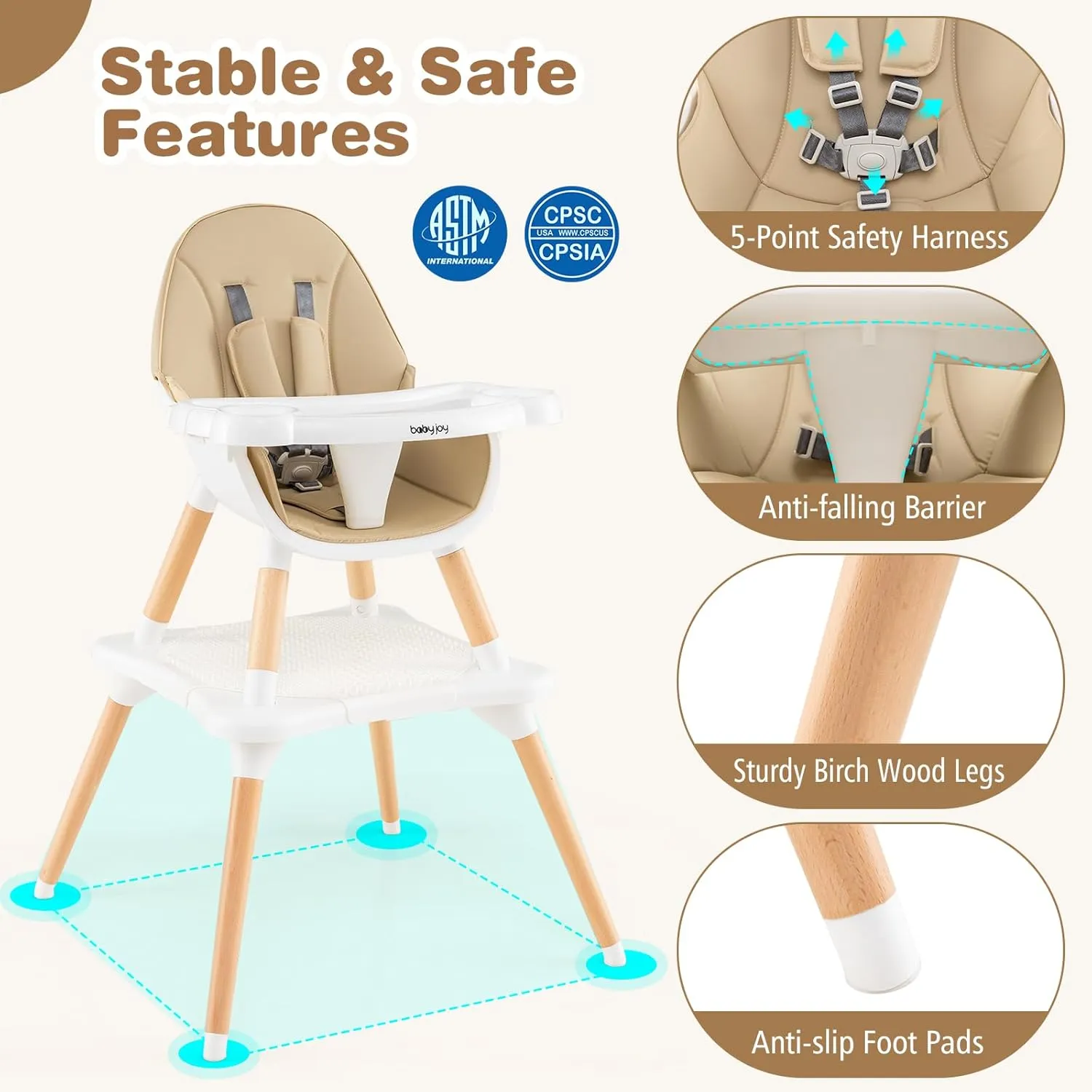 BABY JOY 6 in 1 High Chair, Convertible High Chairs for Babies and Toddlers/Booster Seat/Table and Chair Set, Infant Wooden Highchair w/ 5-Point Harness, 4-Position Removable Tray & PU Cushion (Khaki)