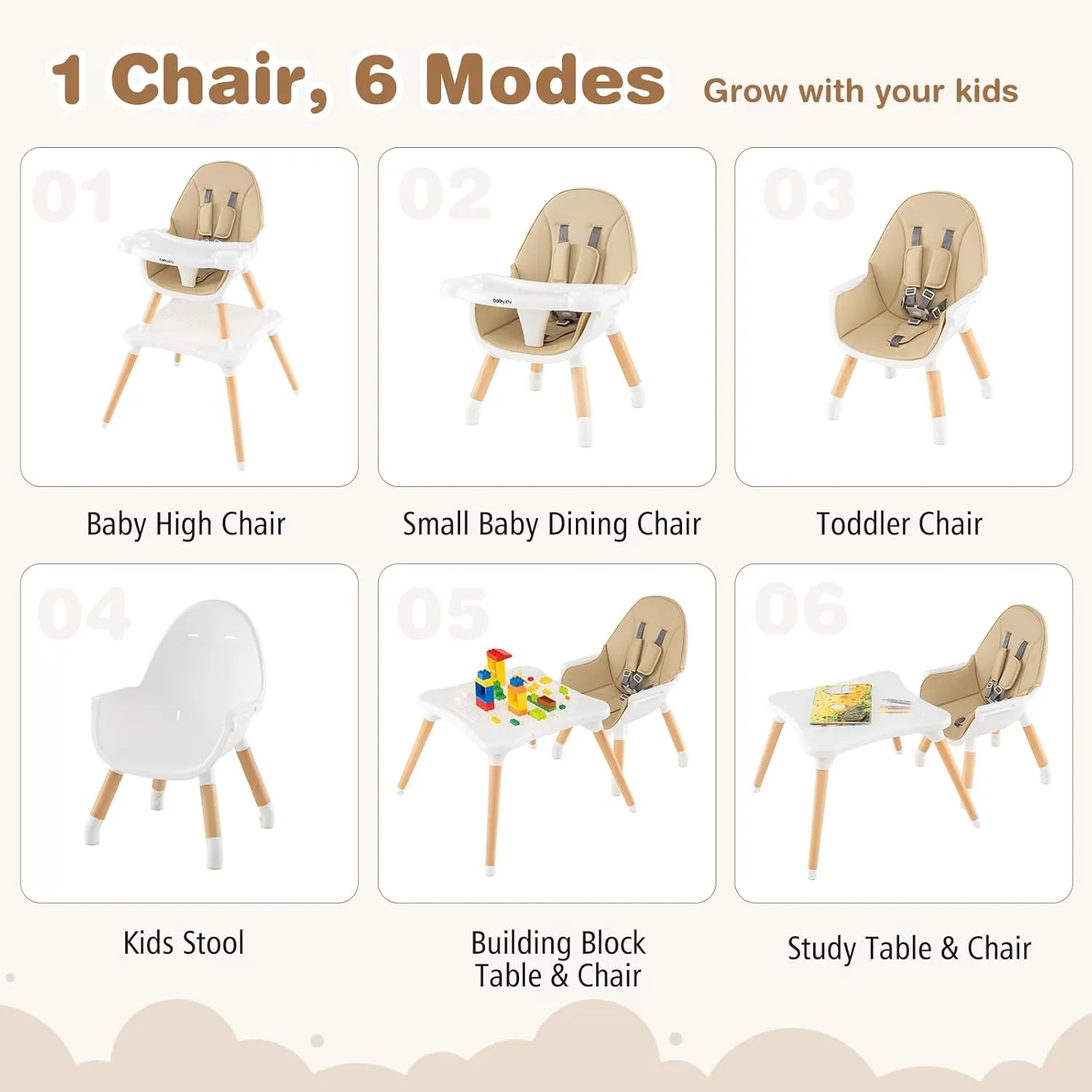 BABY JOY 6 in 1 High Chair, Convertible High Chairs for Babies and Toddlers/Booster Seat/Table and Chair Set, Infant Wooden Highchair w/ 5-Point Harness, 4-Position Removable Tray & PU Cushion (Khaki)