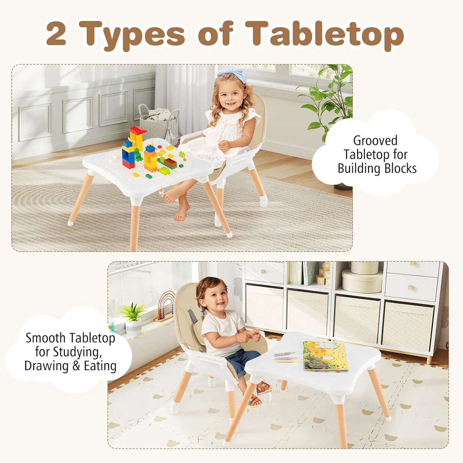 BABY JOY 6 in 1 High Chair, Convertible High Chairs for Babies and Toddlers/Booster Seat/Table and Chair Set, Infant Wooden Highchair w/ 5-Point Harness, 4-Position Removable Tray & PU Cushion (Khaki)
