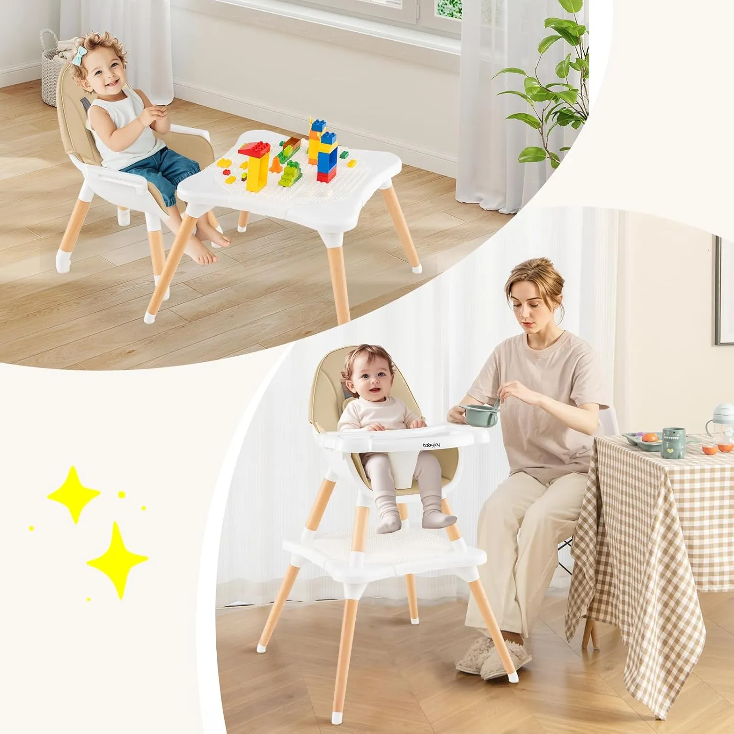 BABY JOY 6 in 1 High Chair, Convertible High Chairs for Babies and Toddlers/Booster Seat/Table and Chair Set, Infant Wooden Highchair w/ 5-Point Harness, 4-Position Removable Tray & PU Cushion (Khaki)