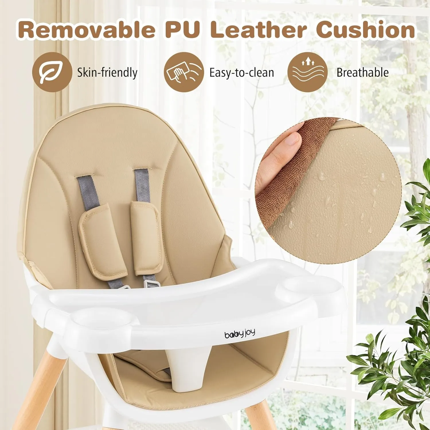 BABY JOY 6 in 1 High Chair, Convertible High Chairs for Babies and Toddlers/Booster Seat/Table and Chair Set, Infant Wooden Highchair w/ 5-Point Harness, 4-Position Removable Tray & PU Cushion (Khaki)