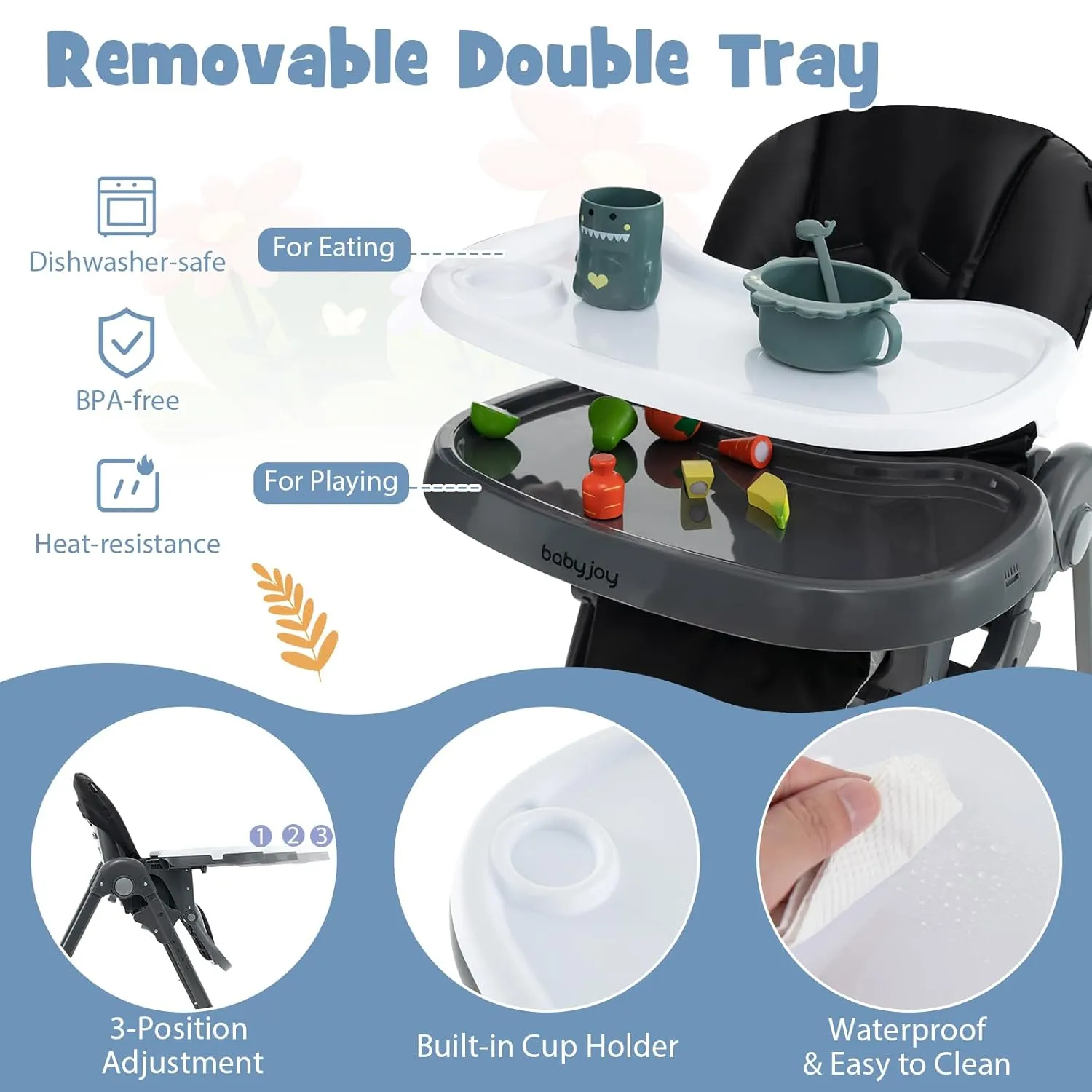BABY JOY Convertible High Chair for Babies & Toddlers, Height Adjustable, Grow & Go High Chair w/Recline & Footrest, Removable Double Tray, Portable Baby Dinning Chair with Wheels (Black)