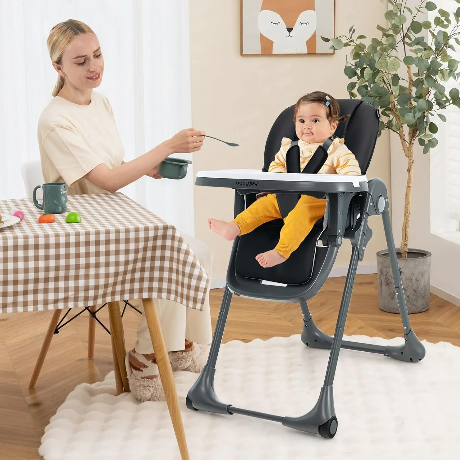 BABY JOY Convertible High Chair for Babies & Toddlers, Height Adjustable, Grow & Go High Chair w/Recline & Footrest, Removable Double Tray, Portable Baby Dinning Chair with Wheels (Black)