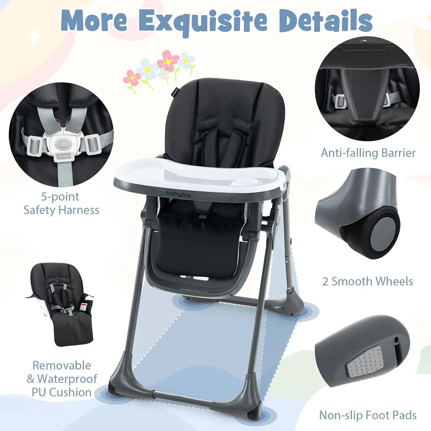 BABY JOY Convertible High Chair for Babies & Toddlers, Height Adjustable, Grow & Go High Chair w/Recline & Footrest, Removable Double Tray, Portable Baby Dinning Chair with Wheels (Black)