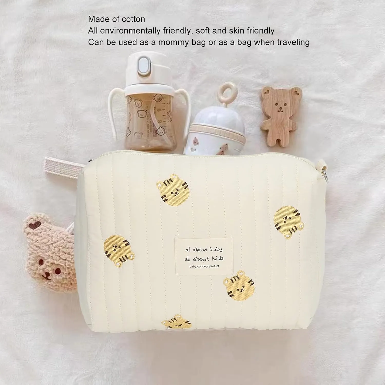Baby Tote Bag, Embroidery Quilted Cotton Cute Organizer Pouch Mini Diaper Bag Stroller Bag Infant Carriages Diaper Organizer Pouches Handbag Nursery Storage Bin for Diapers