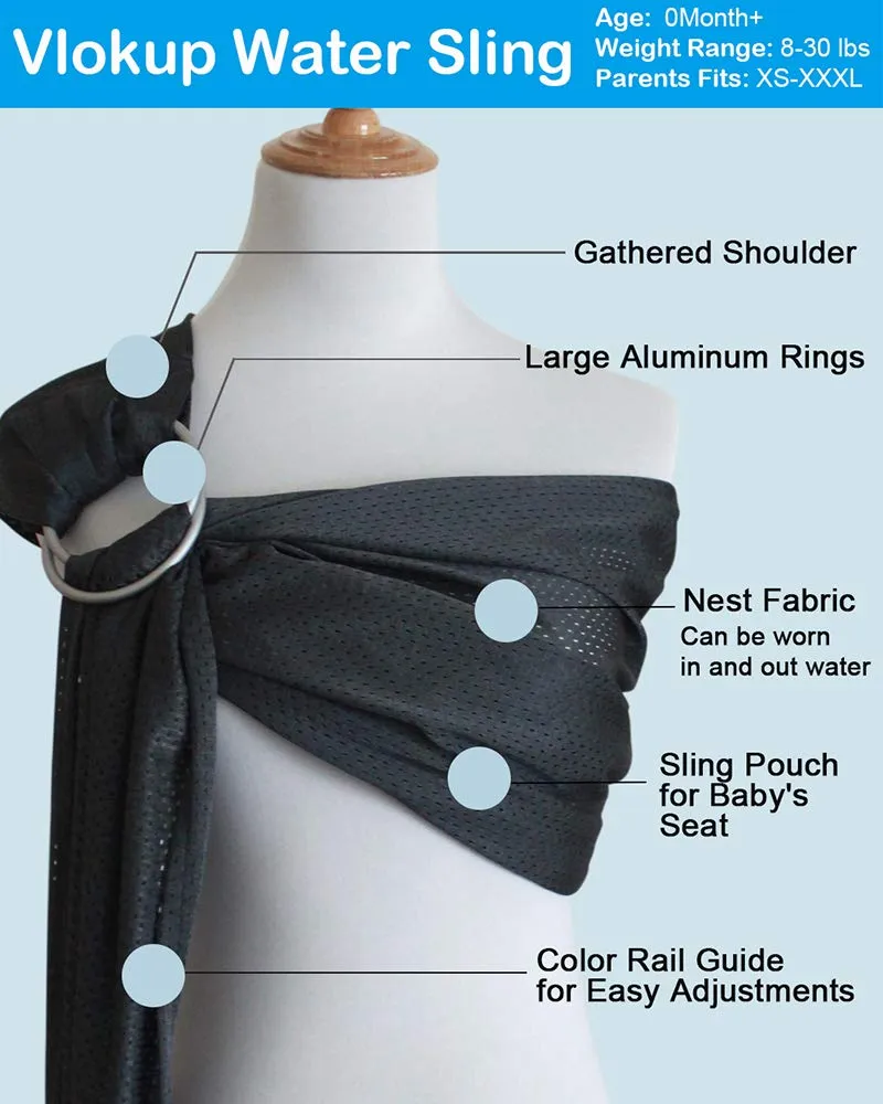 Baby Water Ring Sling Carrier | Lightweight Breathable Mesh Baby Wrap for Infant, Newborn, Kids and Toddlers | Perfect for Summer, Swimming, Pool, Beach | Great for Dad Too Grey