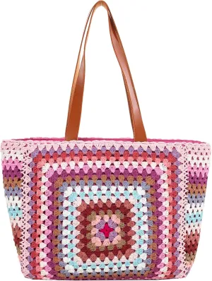 Back From Bali Womens 100% Cotton Hand Crochet Large Tote Bag Fully Lined Zipper Closure Colorful Handbag