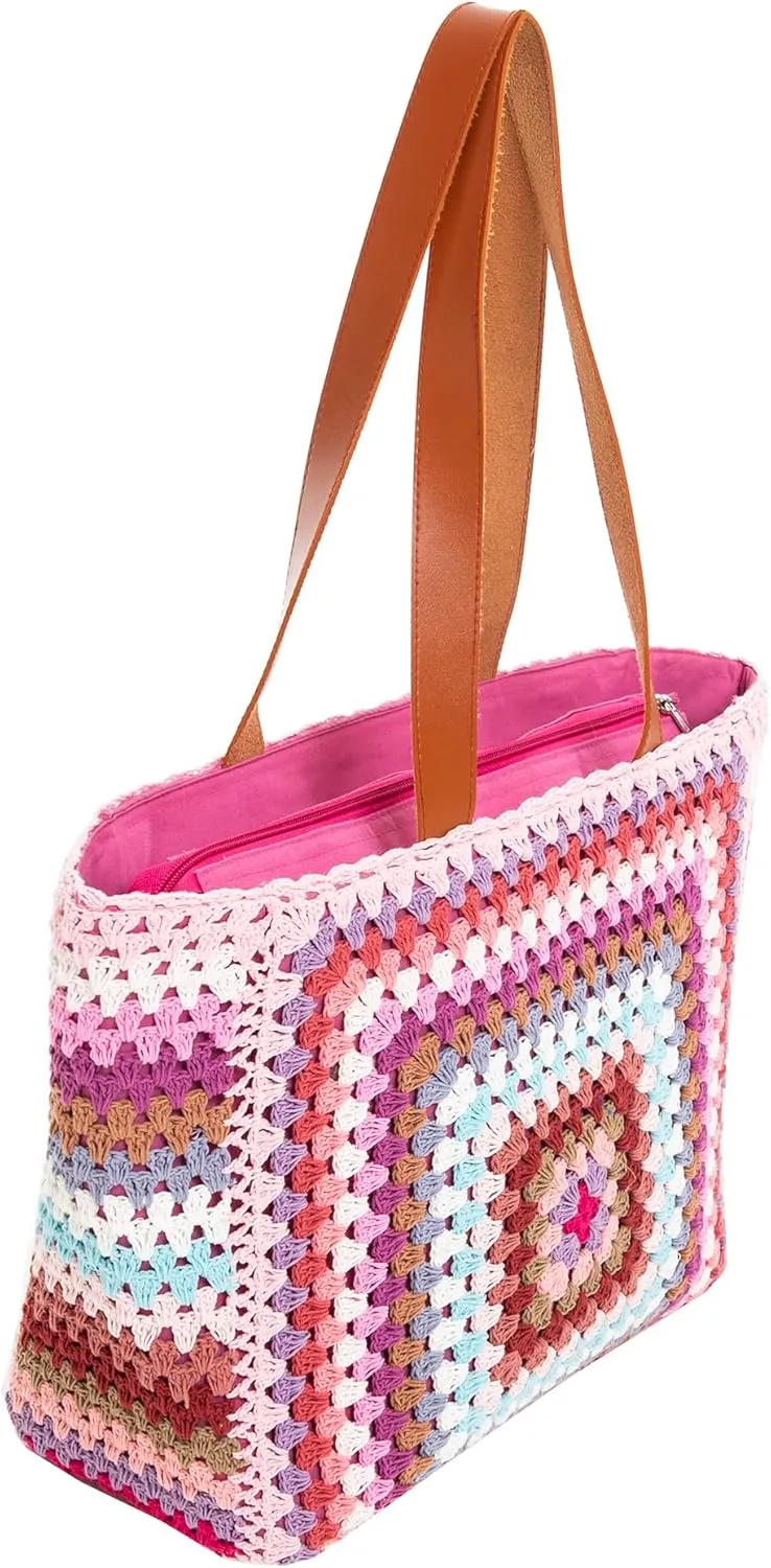 Back From Bali Womens 100% Cotton Hand Crochet Large Tote Bag Fully Lined Zipper Closure Colorful Handbag