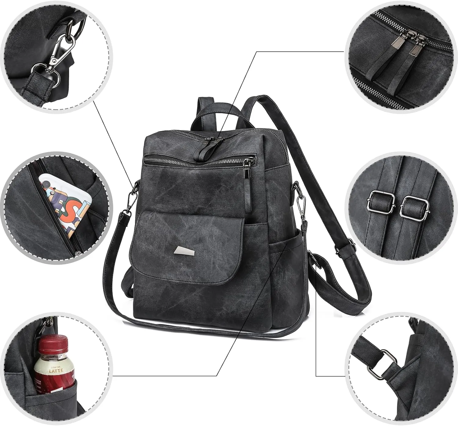Backpack Purse for Women, PU Leather Backpack Purse, Fashion Travel Anti Theft Backpack, Multipurpose Lightweight Waterproof Convertible Purse Shoulder Bag Handbag, Black