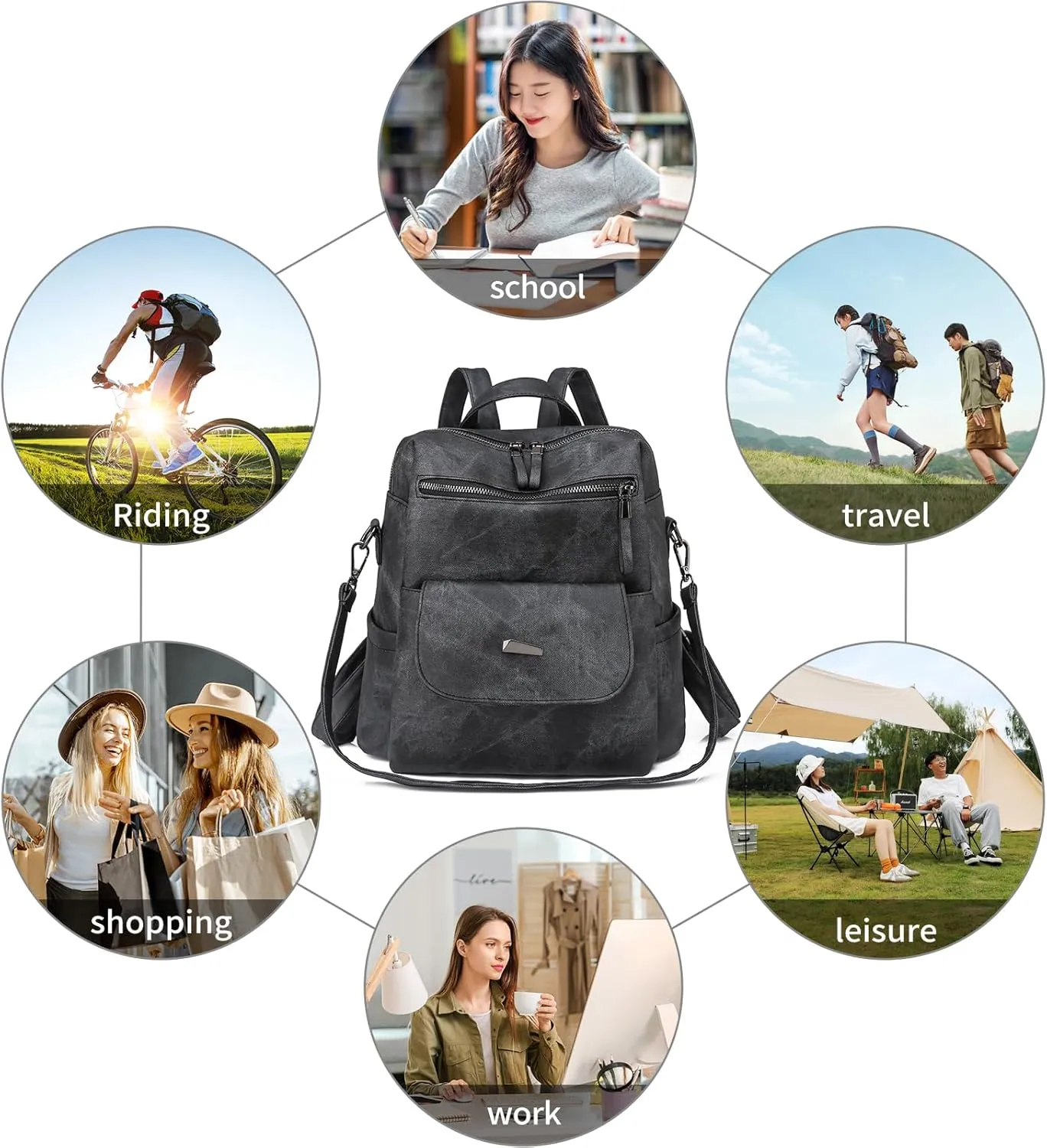 Backpack Purse for Women, PU Leather Backpack Purse, Fashion Travel Anti Theft Backpack, Multipurpose Lightweight Waterproof Convertible Purse Shoulder Bag Handbag, Black