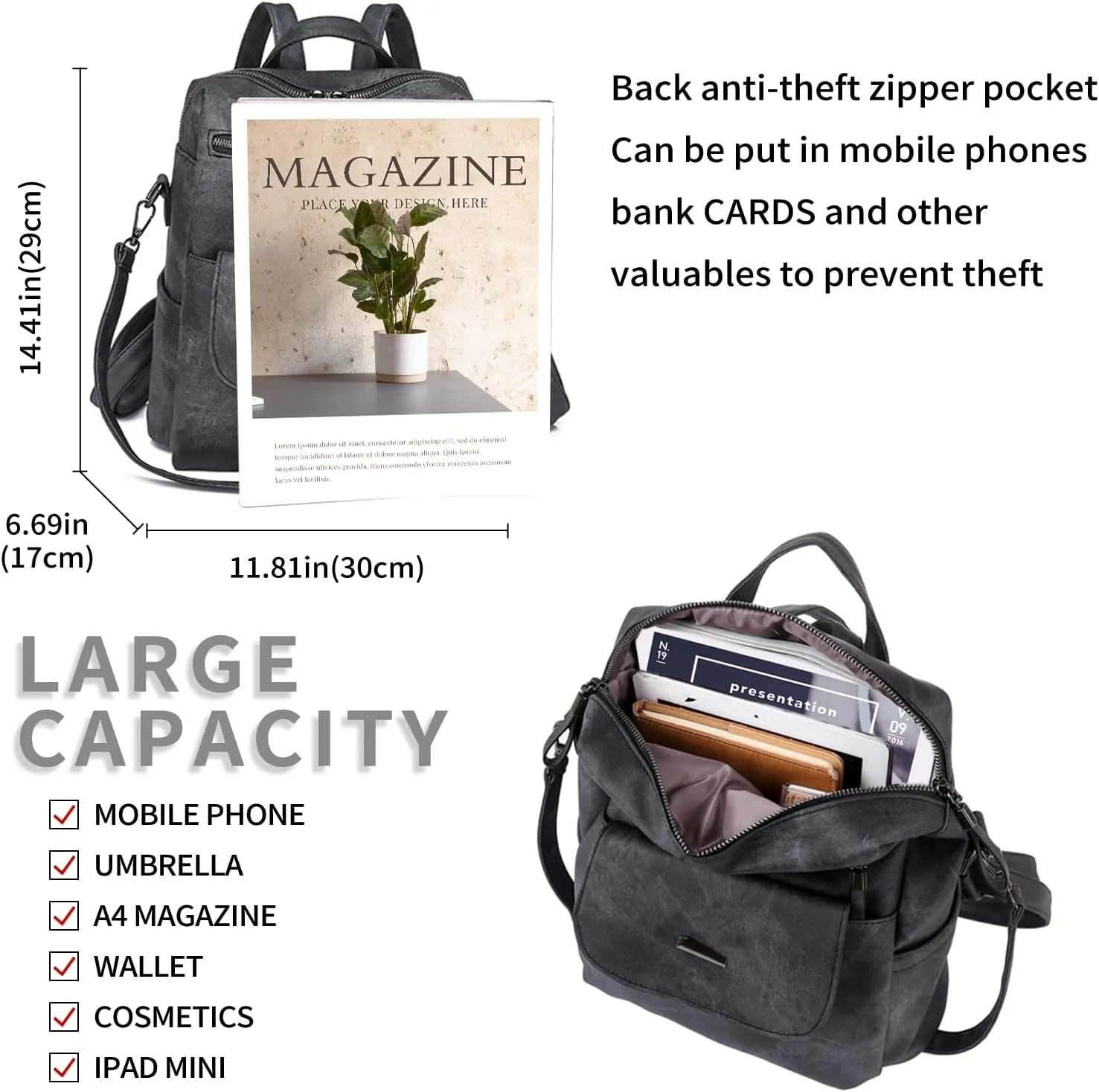 Backpack Purse for Women, PU Leather Backpack Purse, Fashion Travel Anti Theft Backpack, Multipurpose Lightweight Waterproof Convertible Purse Shoulder Bag Handbag, Black