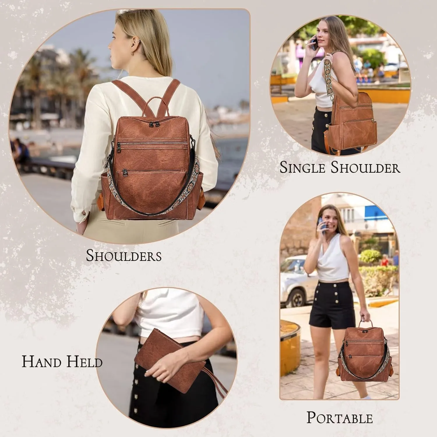 Backpack Purse for Women, Waterproof PU Leather Backpack, Anti-Theft Women Backpack, Lightweight Fashion Multipurpose Convertible Travel Backpack Purse Shoulder Bag Handbag, Brown