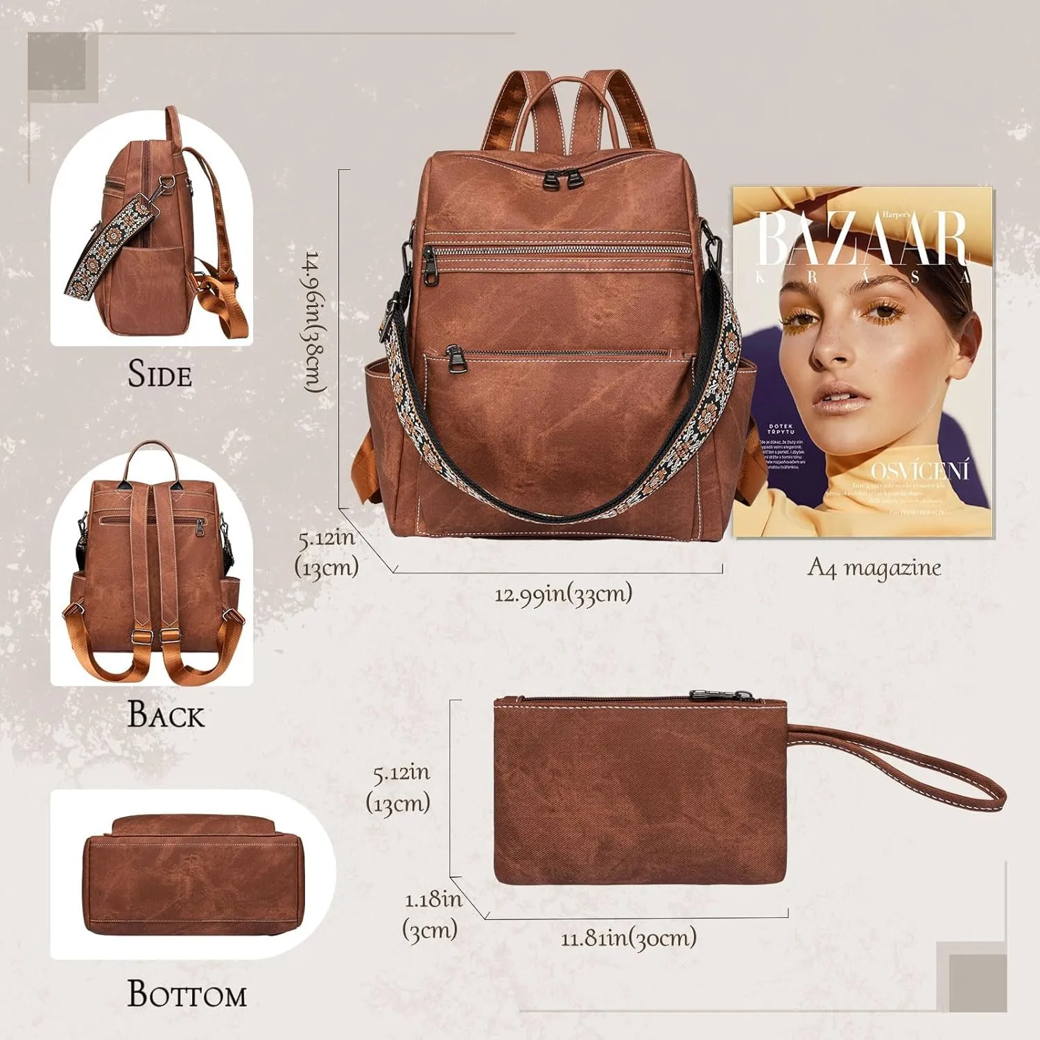 Backpack Purse for Women, Waterproof PU Leather Backpack, Anti-Theft Women Backpack, Lightweight Fashion Multipurpose Convertible Travel Backpack Purse Shoulder Bag Handbag, Brown