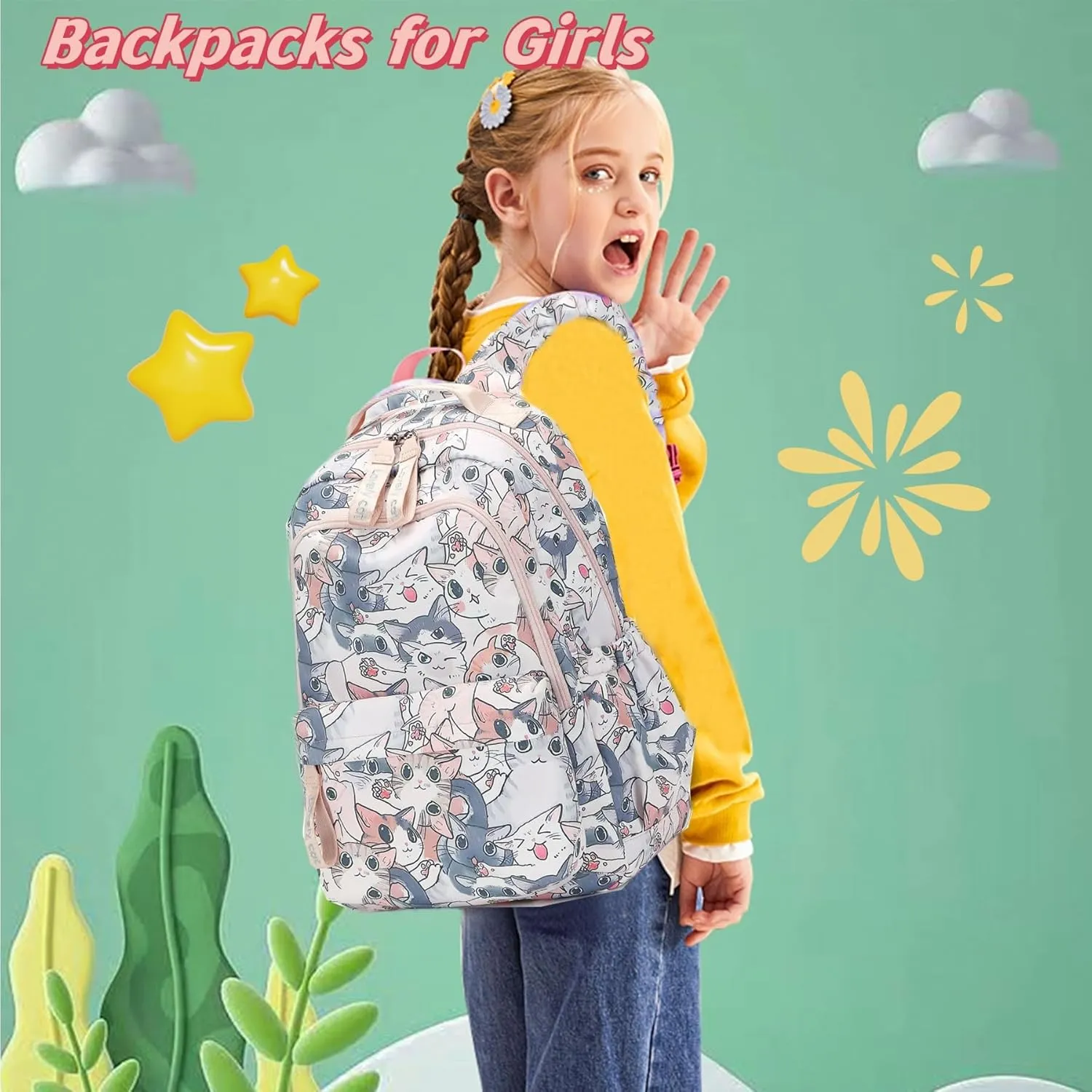 Backpacks for Girls Cute Cat Backpack Elementary School Backpack Students Bookbag for Girls