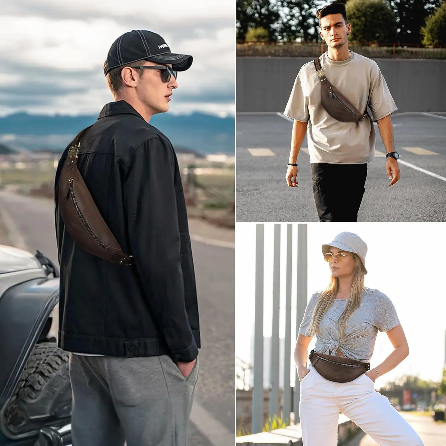 BAIGIO Leather Fanny Pack for Men & Women Belt Bag Vintage Waist Bag Bum Bag Fashion Crossbody Waist Pack Sling Bag for Travel