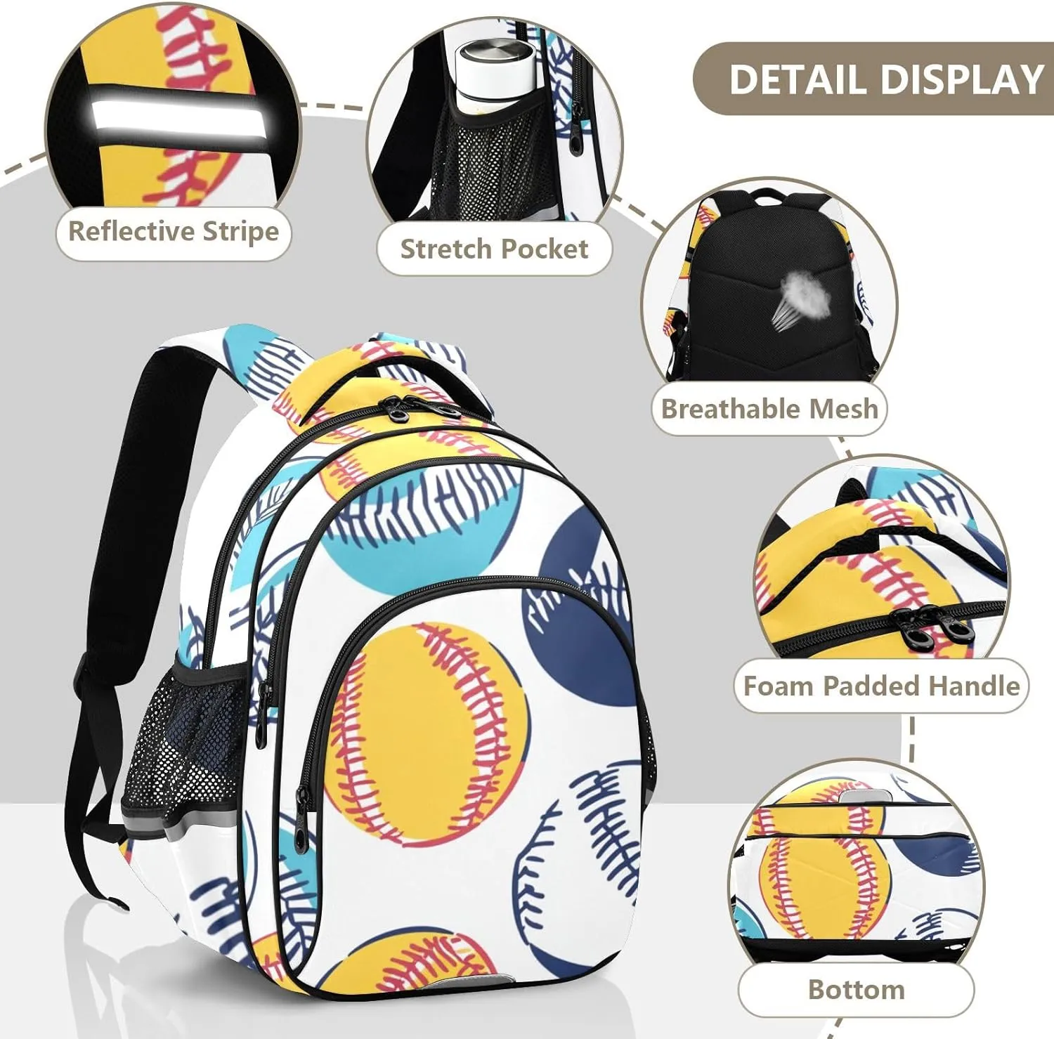 Baseballs Bright Colors Kids Backpacks for Girls Boys Elementary School Backpack Bookbag for School Travel Hiking Camping