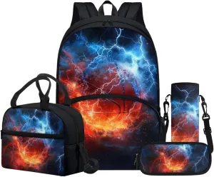 Basketball Print Kids Backpack for Boys Sports Theme School Bag with Lunch Box Pencil Case Water Bottle Sleeve 4 in 1 Book Bag Kids Schoolbag Set Insulated Lunc Tote Camping Sling Bag