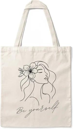 Be Yourself Tote Bag – Minimalist Line Art Design – 100% Cotton Reusable Bag – Available in Standard & Large Sizes – Zipper & Open Variants T-009