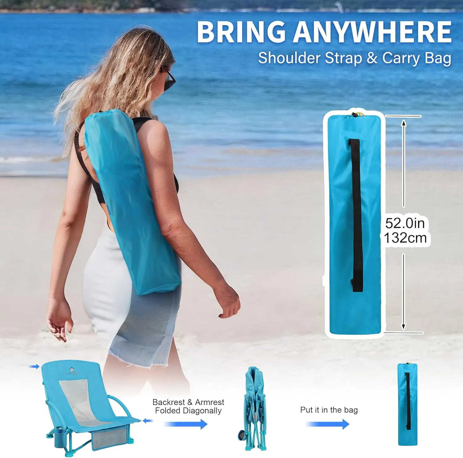 Beach Chairs for Adults 2 Pack,Heavy Duty Folding Low Back Camping Chairs w/Cooler Bag,Mesh Back,Cup Holder & Storage Bag,Compact Sling Chair for Lawn,Picnic,Travel,Blue